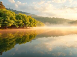 Serene Lake at Dawn with Misty Reflections – free AI stock image