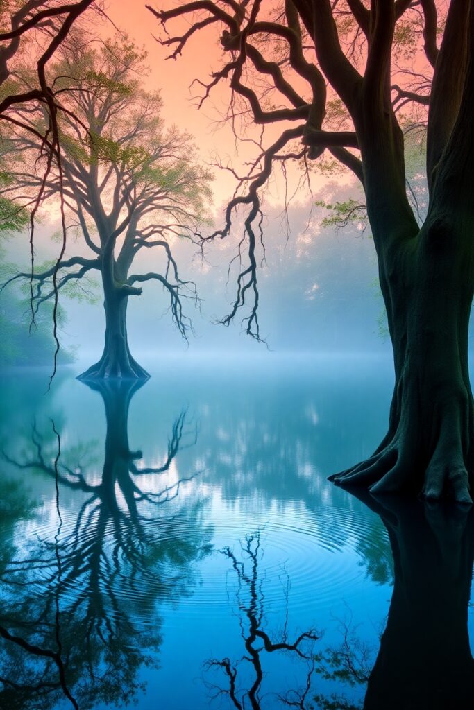 Serene Lake at Dawn with Misty Reflections – free AI stock image