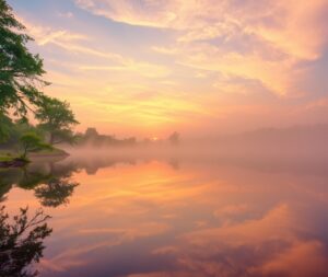 Serene Lake at Dawn with Misty Reflections – free AI stock image