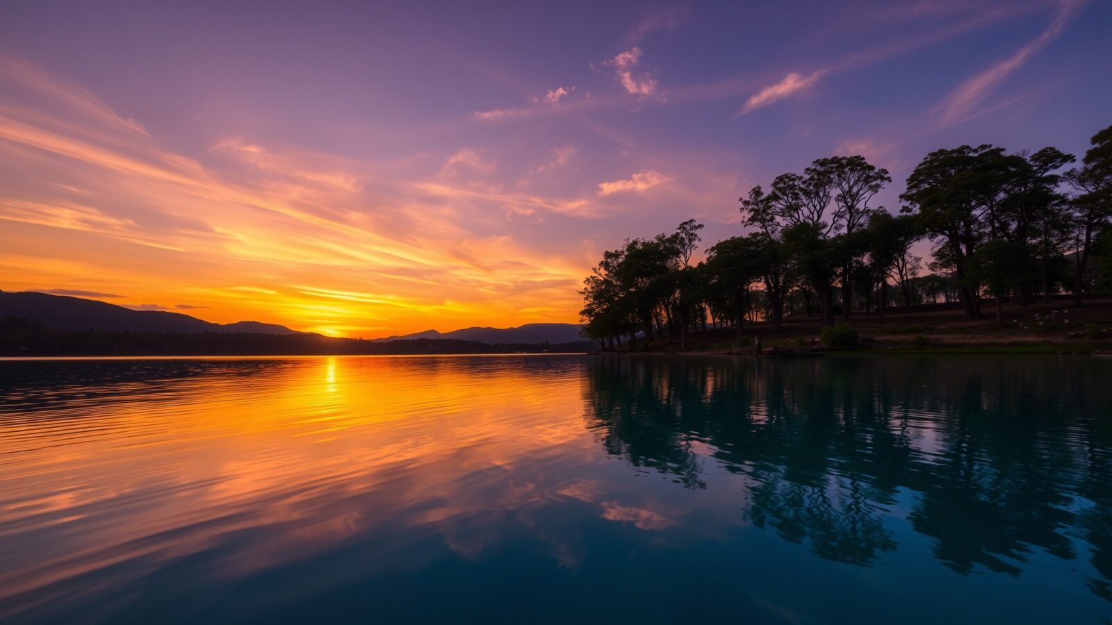serene lake at dusk reflecting a vibrant sunset