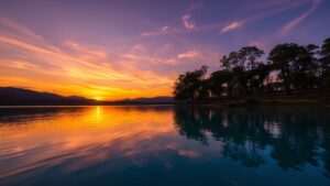 Serene Lake at Dusk Reflecting a Vibrant Sunset image – free AI stock image