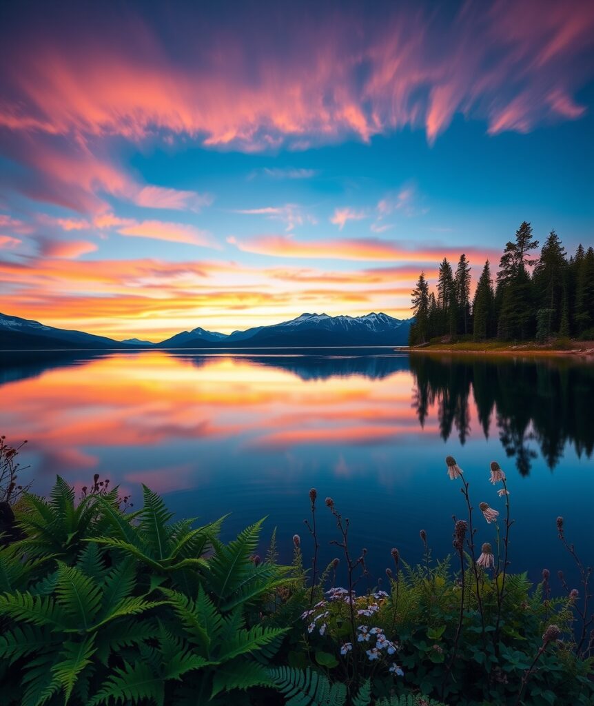 Serene Lake at Dusk Surrounded by Mountains – free AI stock image