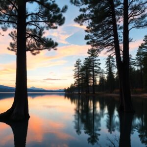 Serene Lake at Dusk Surrounded by Pines – free AI stock image