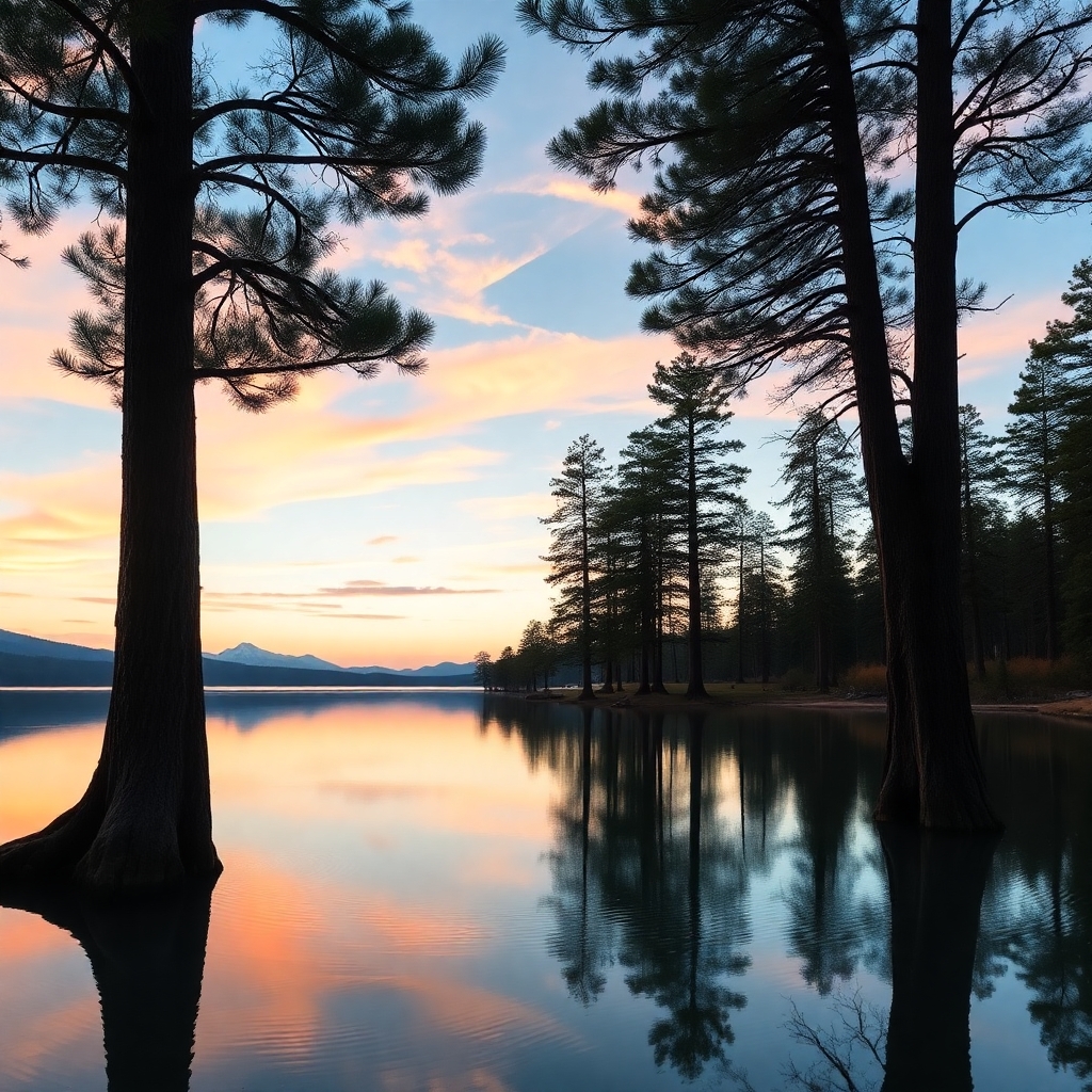 Serene Lake at Dusk Surrounded by Pines – free AI stock image