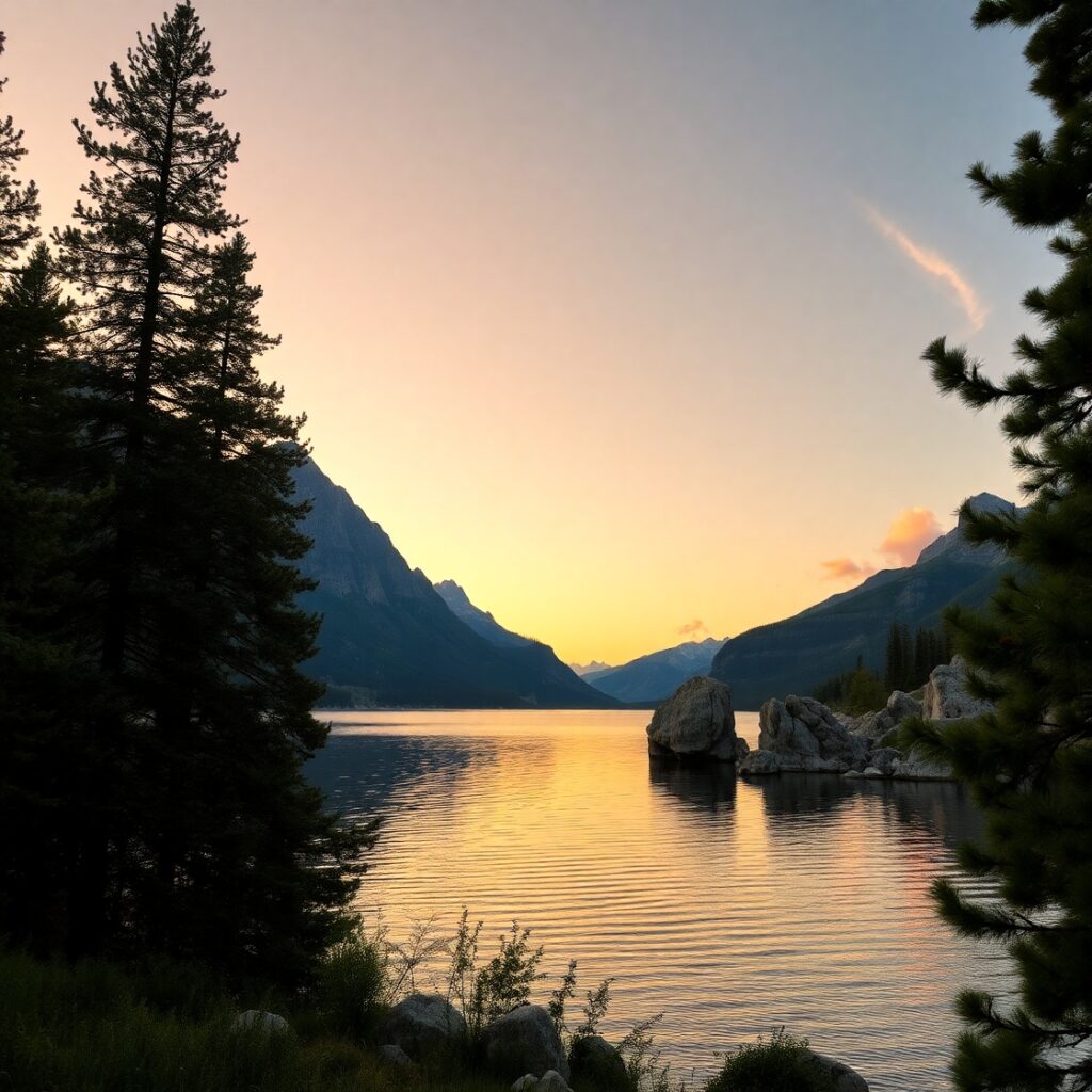 Serene Lake at Dusk with Mountains – free AI stock image