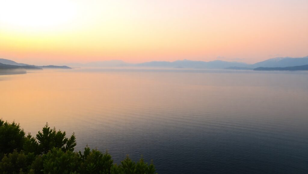 Serene Lake at Pastel Sunset – free AI stock image