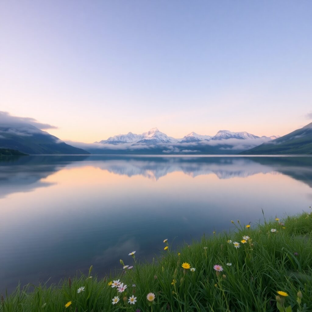 Serene Lake at Sunrise Reflecting Mountains – free AI stock image