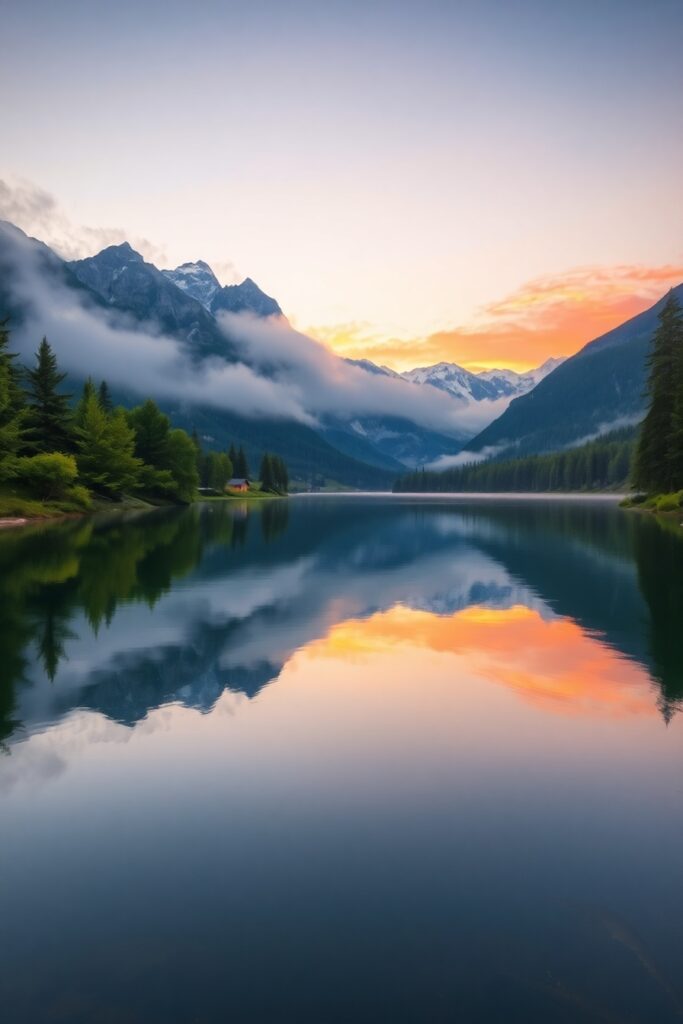 Serene Lake at Sunrise with Misty Mountains – free AI stock image