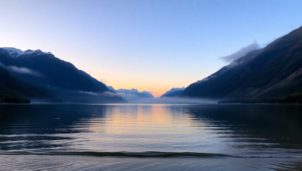Serene Lake at Sunrise with Mountains – free AI stock image