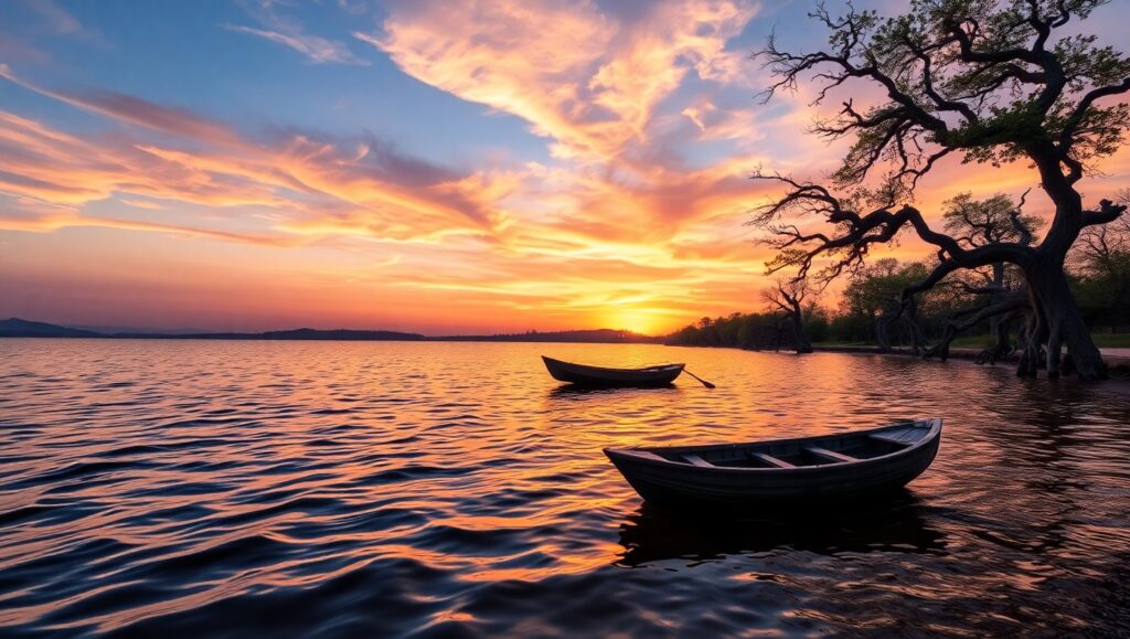 Serene Lake at Sunset – free AI stock image