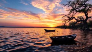 Serene Lake at Sunset – free AI stock image