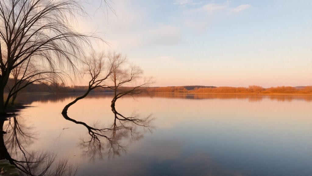 Serene Lake at Sunset Reflection – free AI stock image