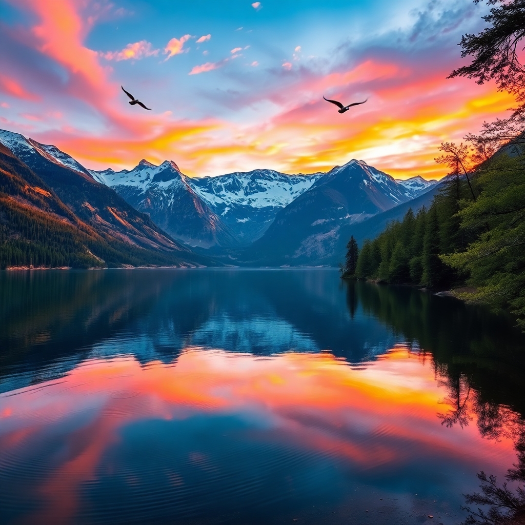 Serene Lake at Sunset with Mountains – free AI stock image
