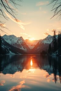 Serene Lake at Sunset with Mountains – free AI stock image