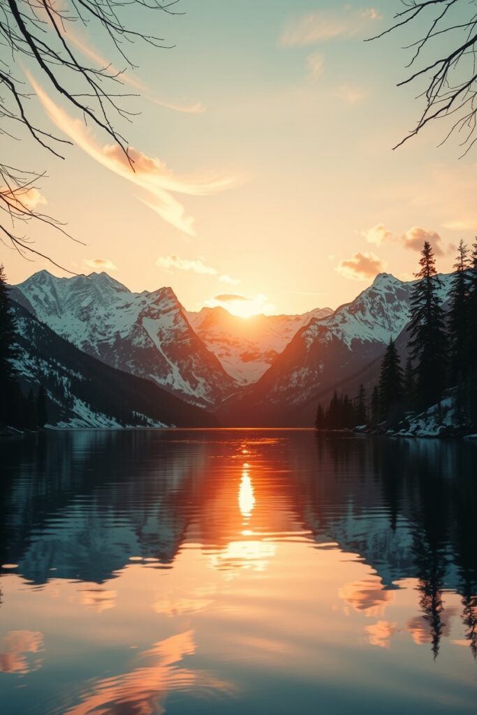 Serene Lake at Sunset with Mountains – free AI stock image