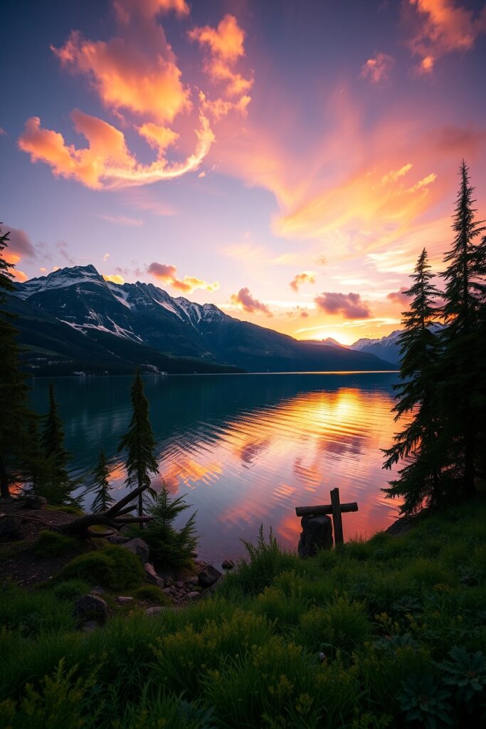 Serene Lake at Sunset with Mountains – free AI stock image