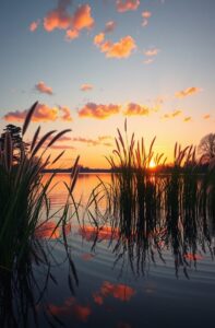 Serene Lake at Sunset with Reflection – free AI stock image