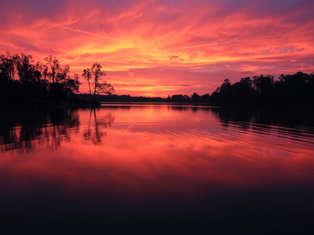 A Serene Lake at Sunset with Reflections – free AI stock image