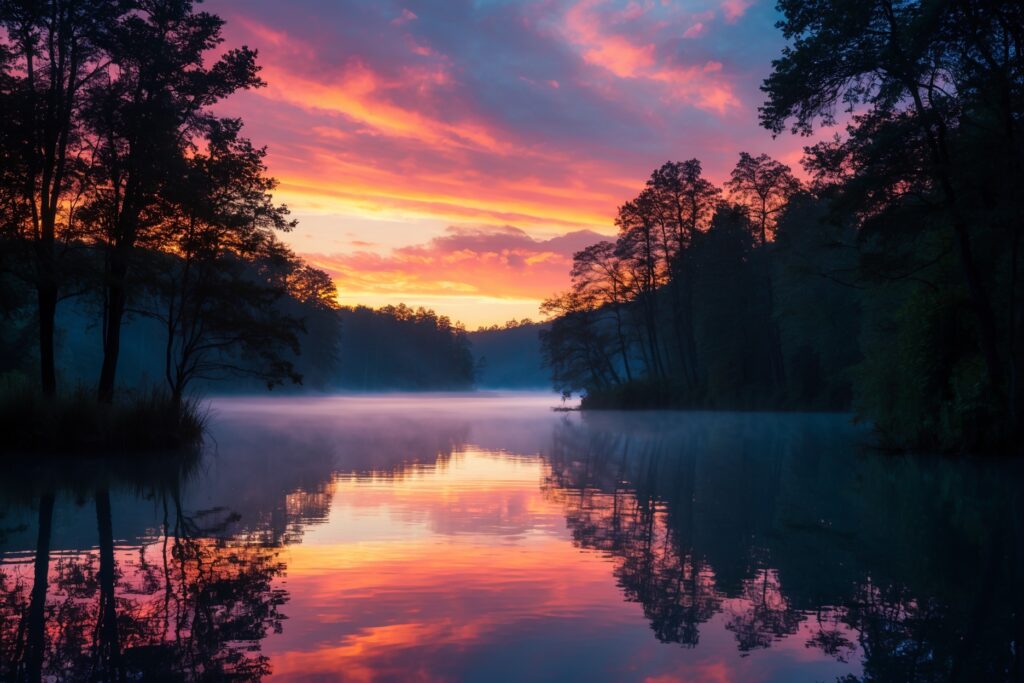 Serene Lake at Sunset with Silhouetted Trees – free AI stock image