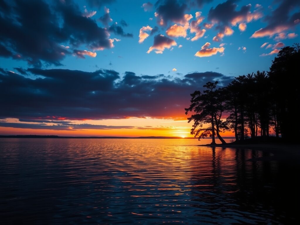 Serene Lake at Twilight, Bright Reflections – free AI stock image