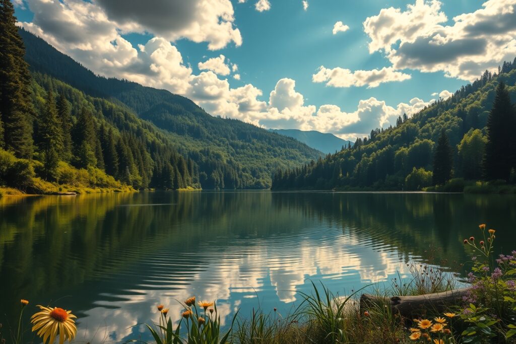 Serene Lake Encircled by Verdant Forests – free AI stock image