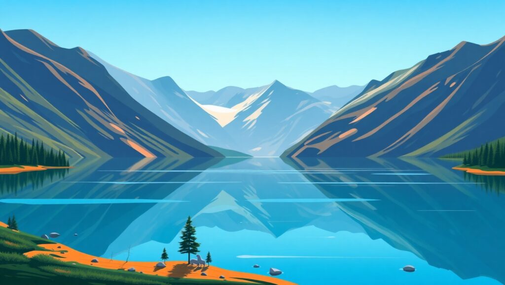 Serene Lake in Flat Art Style – free AI stock image