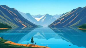 Serene Lake in Flat Art Style – free AI stock image