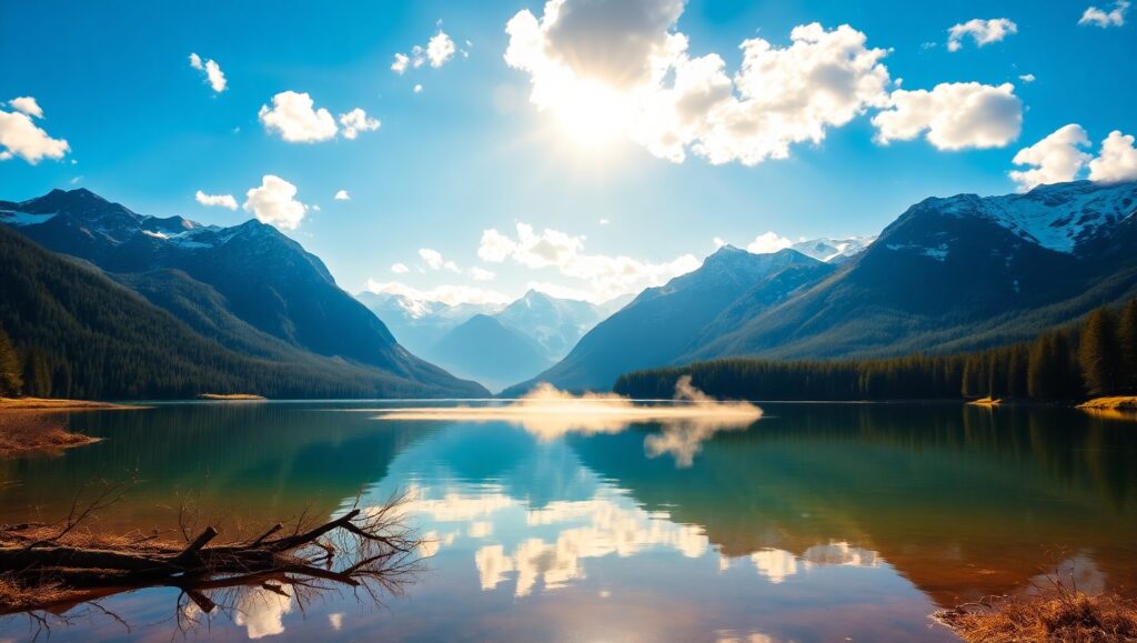 Serene Lake in Vibrant Mountains – free AI stock image