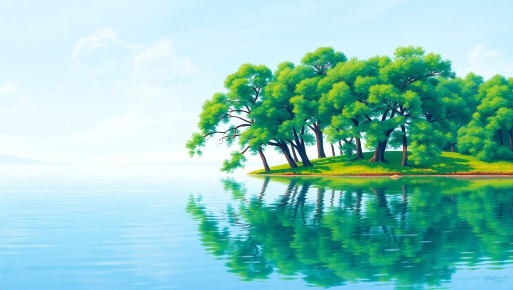 Serene Lake Landscape in Pointillism – free AI stock image