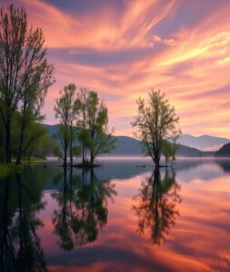 Serene Lake Mirror Under Dusk Skies – free AI stock image