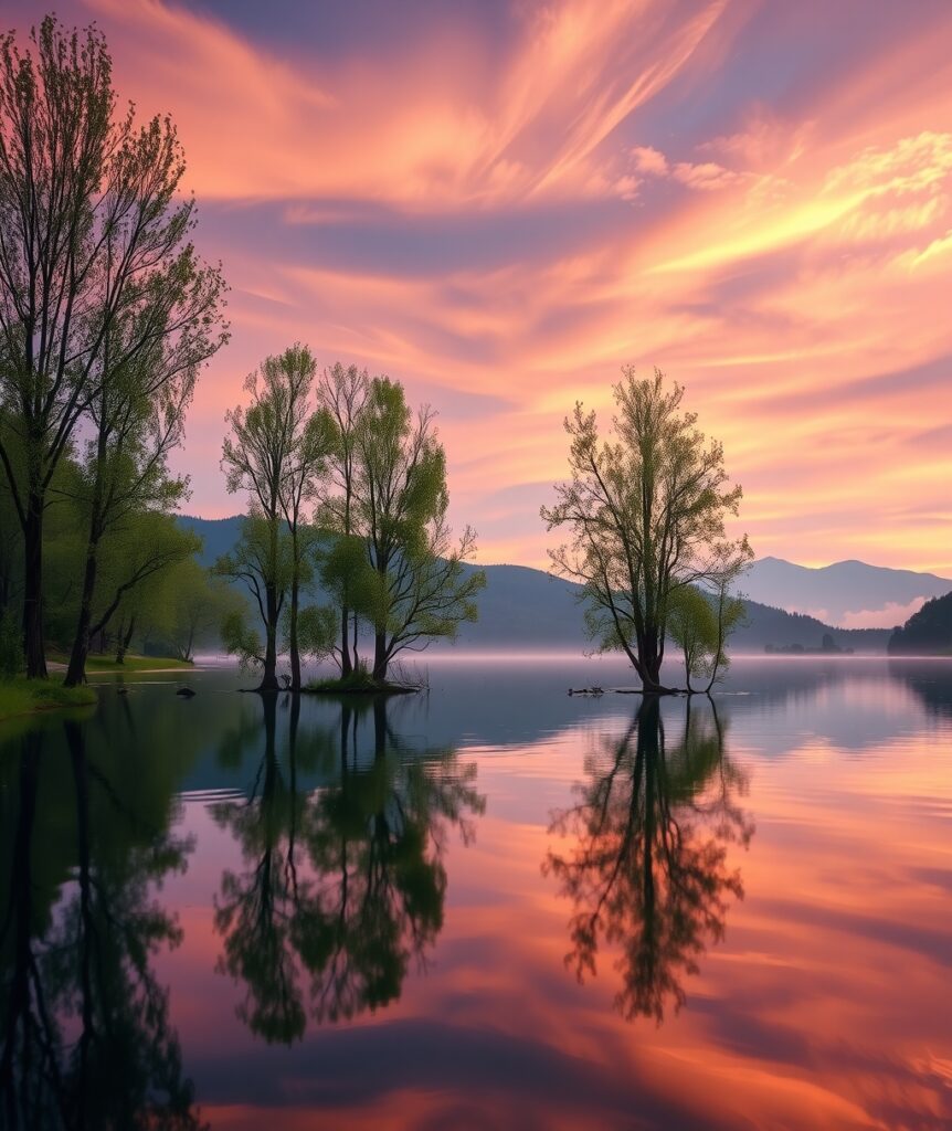 Serene Lake Mirror Under Dusk Skies – free AI stock image