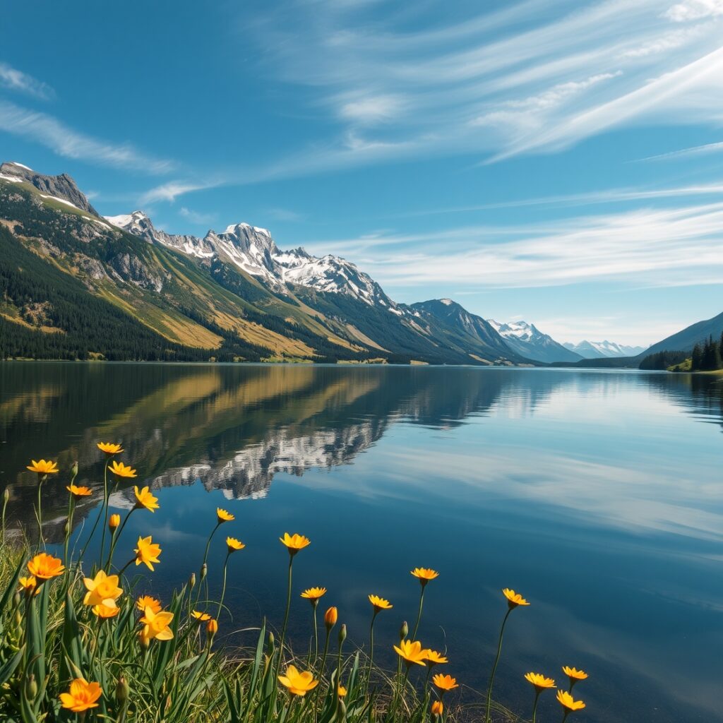 Serene Lake Reflected in Majestic Mountains – free AI stock image