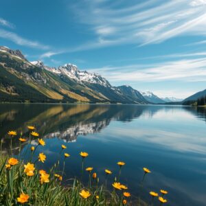 Serene Lake Reflected in Majestic Mountains – free AI stock image