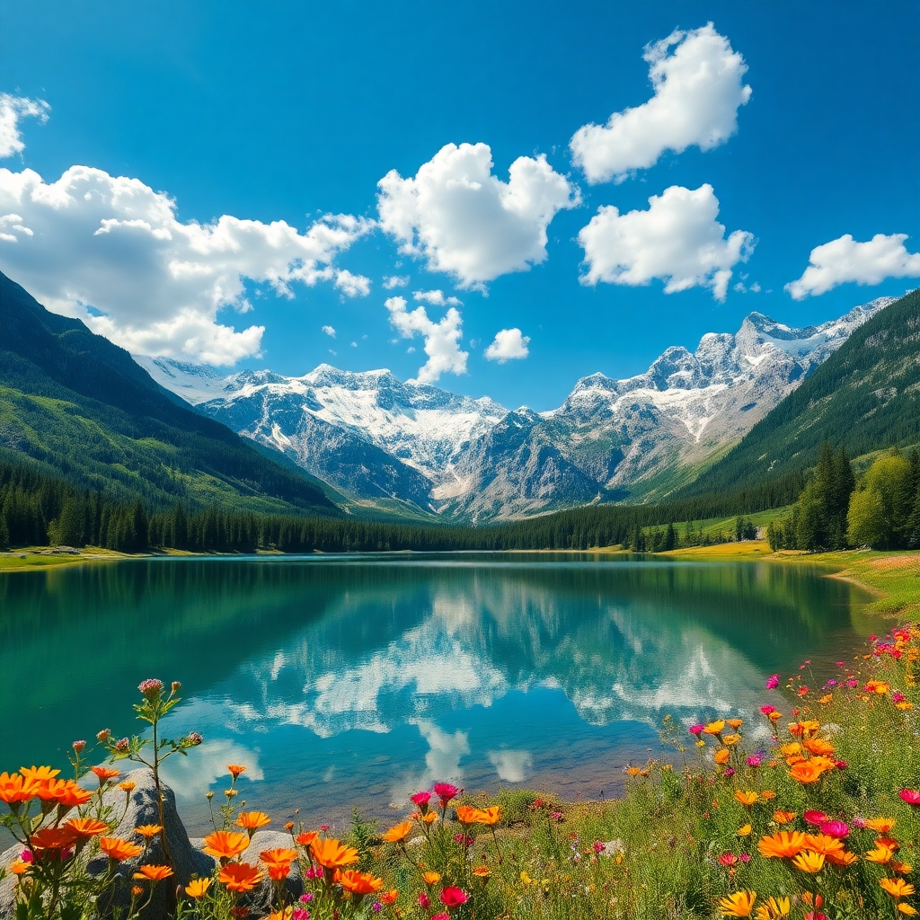 Serene Lake Reflected in Majestic Mountains – free AI stock image