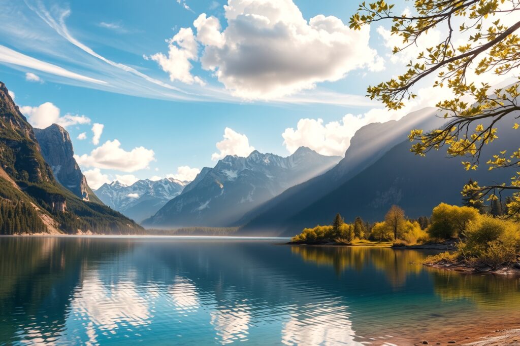 Serene Lake Reflected in Mountain Peaks – free AI stock image