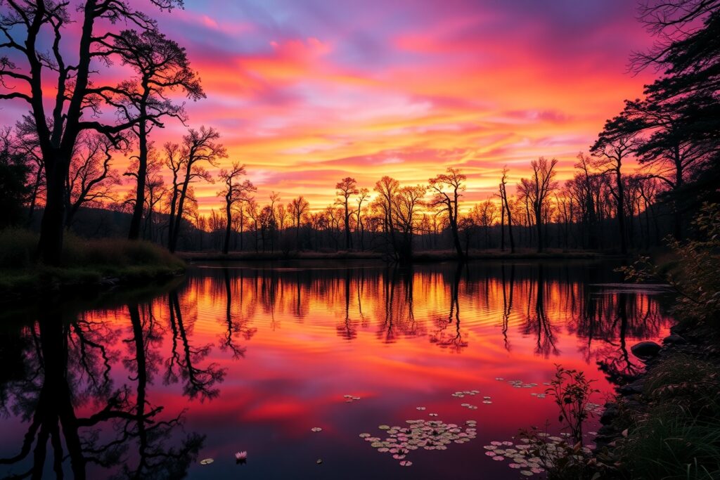 Serene Lake Reflecting a Colorful Sunset – free AI stock image