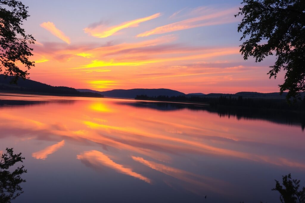 Serene Lake Reflecting a Colorful Sunset – free AI stock image