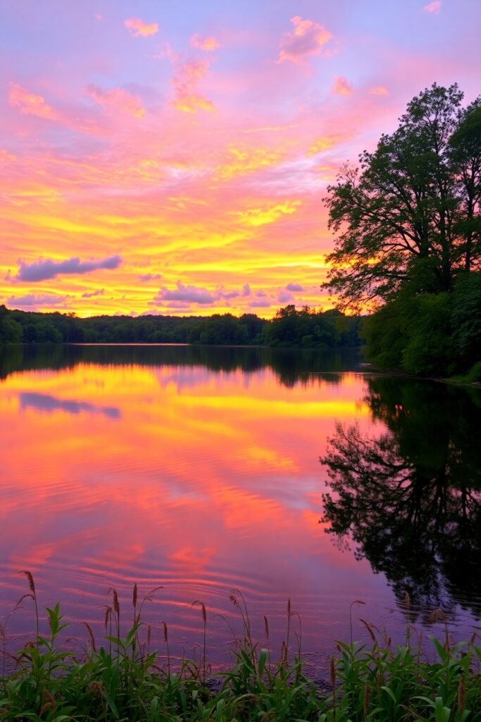 Serene Lake Reflecting a Colorful Sunset – free AI stock image