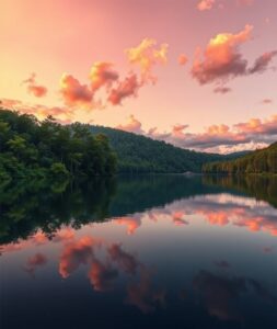 Serene Lake Reflecting a Colorful Sunset – free AI stock image