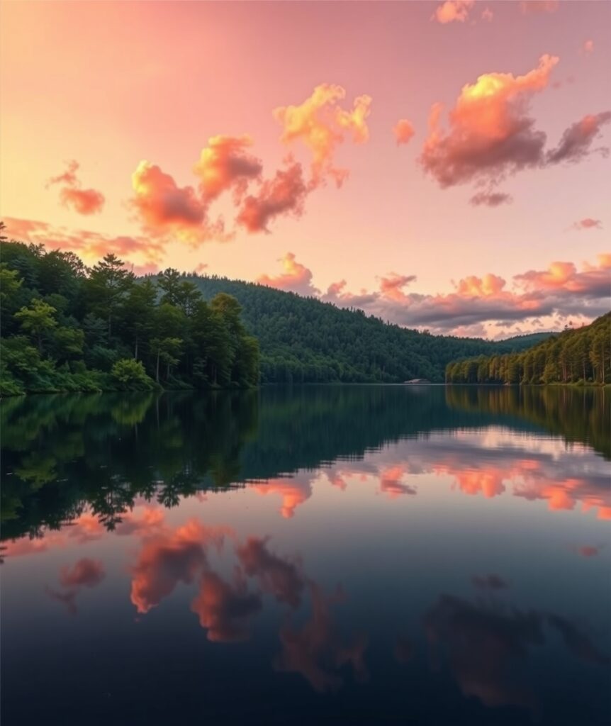 Serene Lake Reflecting a Colorful Sunset – free AI stock image
