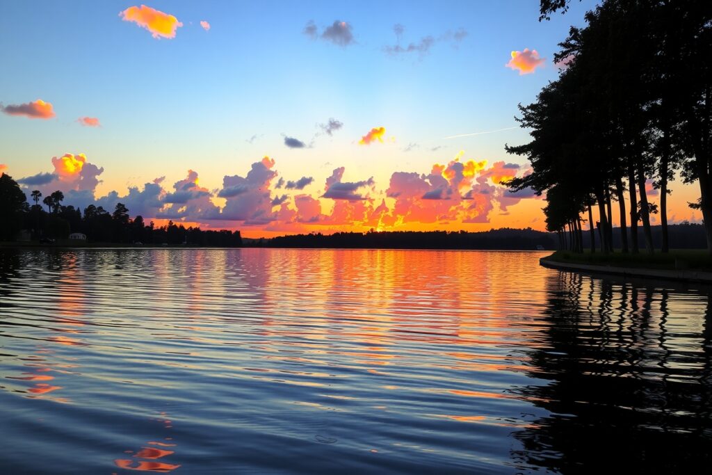 Serene Lake Reflecting a Golden Sunset – free AI stock image