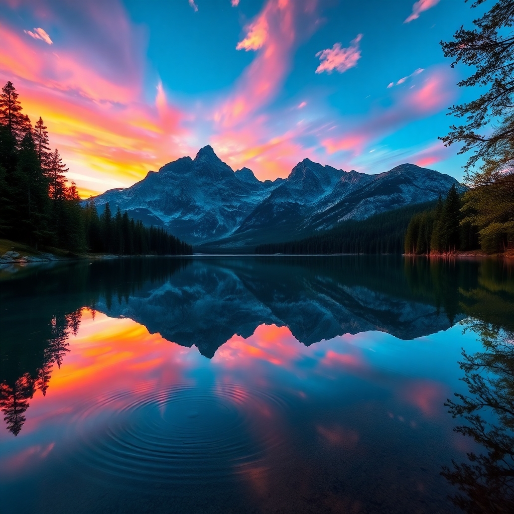 Serene Lake Reflecting a Mountain Sunset – free AI stock image