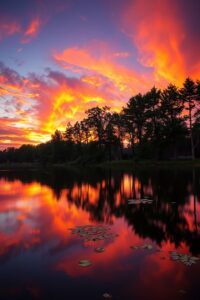 Serene Lake Reflecting a Sunset Sky – free AI stock image