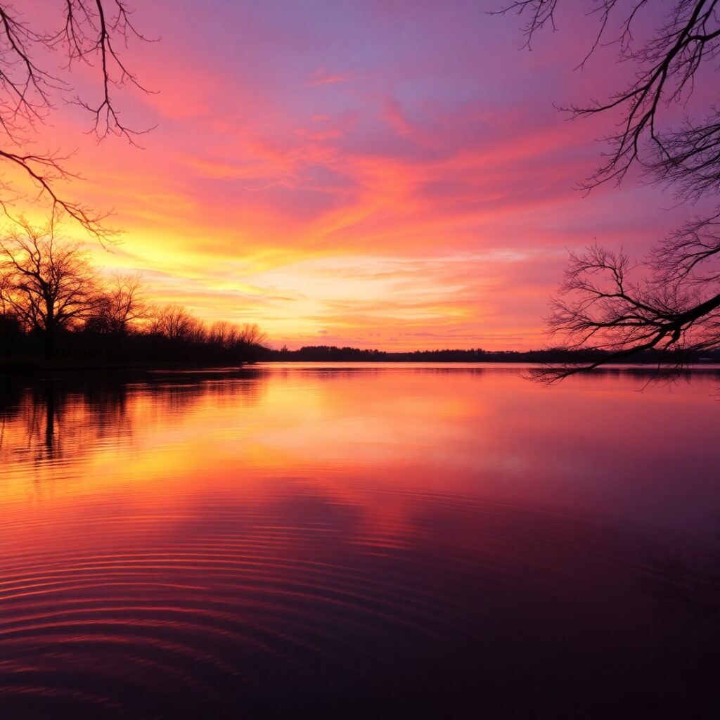 Serene Lake Reflecting a Sunset Sky – free AI stock image