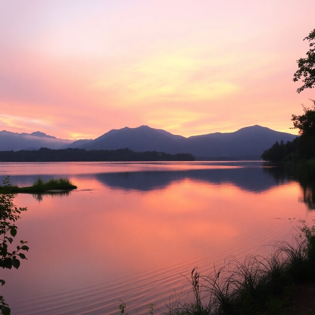 Serene Lake Reflecting a Sunset Sky – free AI stock image