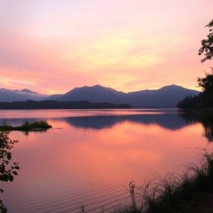 Serene Lake Reflecting a Sunset Sky – free AI stock image