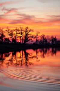 Serene Lake Reflecting a Vibrant Sunset – free AI stock image