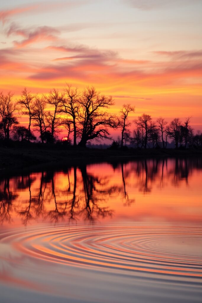 Serene Lake Reflecting a Vibrant Sunset – free AI stock image