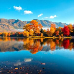 Serene Lake Reflecting Autumn Colors – free AI stock image