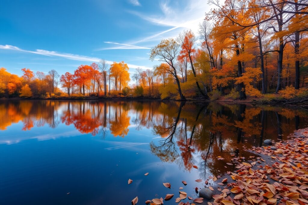 Serene Lake Reflecting Autumn Trees – free AI stock image